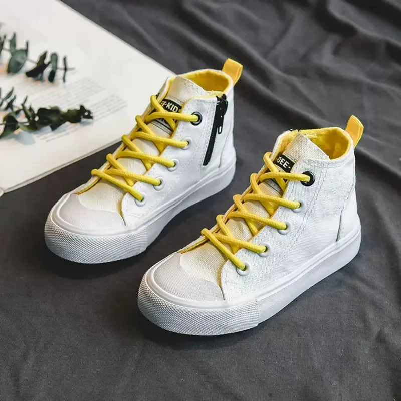 0303 High Top Lace Up Solid Color Children's Canvas Shoes, Breathable and Fashionable Board Shoes for Boys and Girls, Soft Sole
