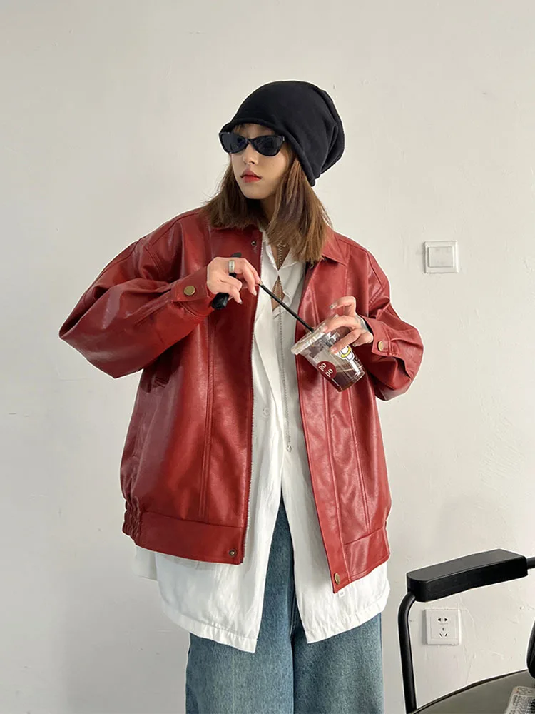 Punk Vintage Red Leather Jacket Women Streetwear Moto Biker Zipper Leather Jacket Female Winter High Street Chic Leather Coat