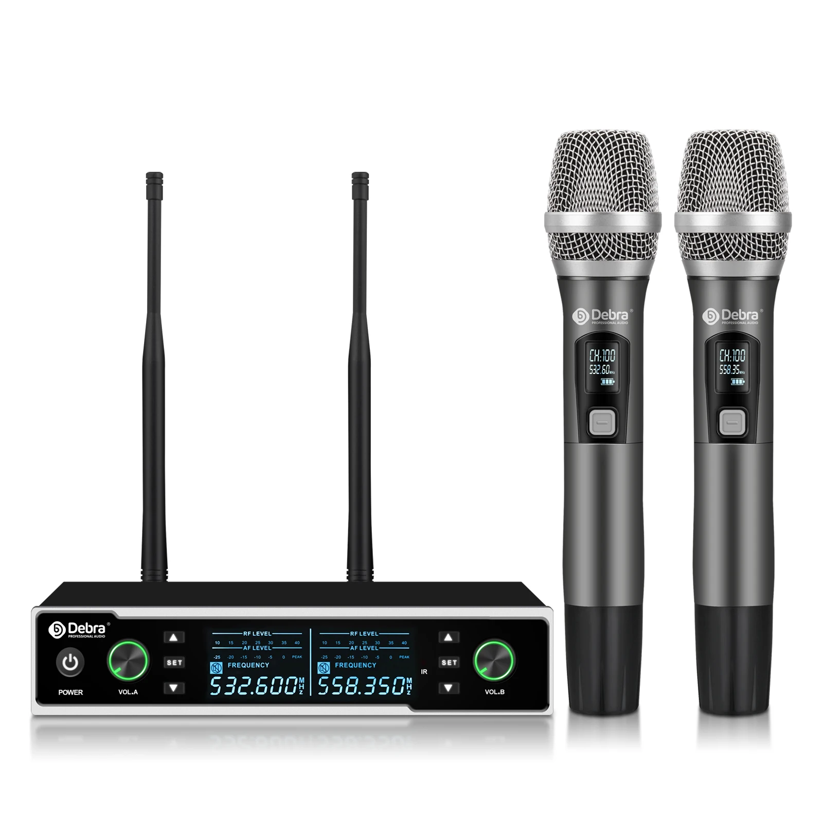 

Профессиональная беспроводная микрофонная система Debra R202 UHF 530-580 МГц, диапазон 100 м для живого/караоке/записи