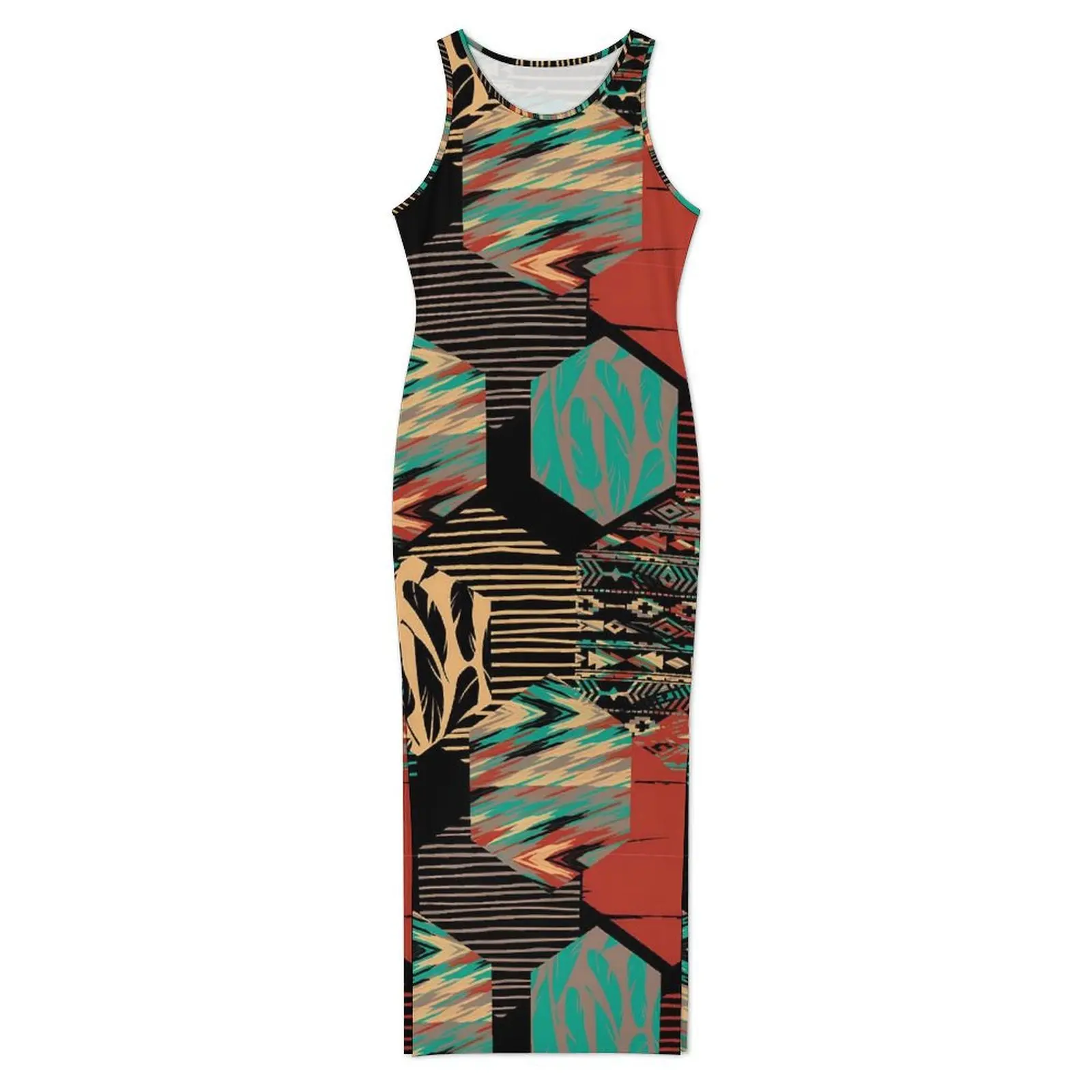 Tribal Print Bodycon Dress Spring Cute Ethnic Vintage Maxi Dresses Women Sleeveless Design Street Style Dress Big Size 3XL 4XL