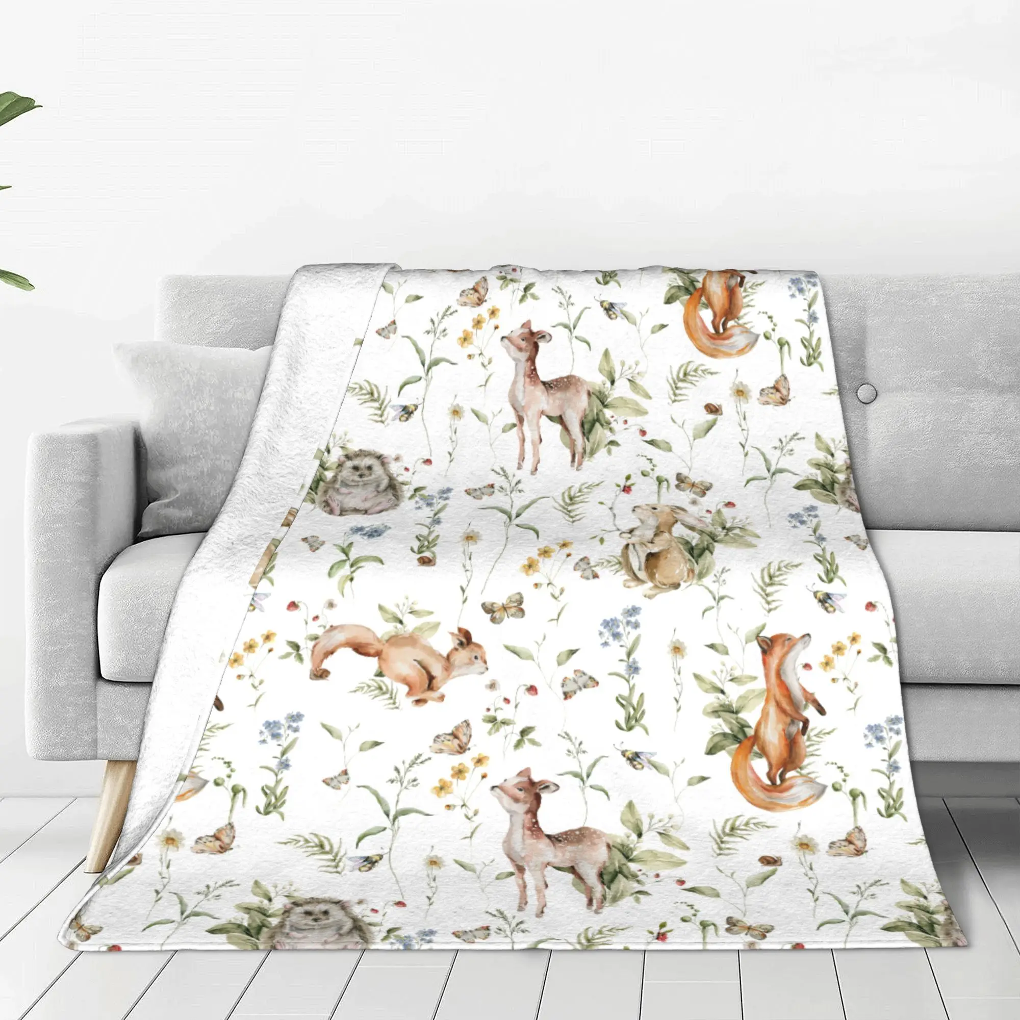 Watercolor Nursery Pattern Bunny Fox Hedgehog Throw Blanket for Couch Cute Baby Animal Deer Fuzzy Soft Plush Blanket Multi-size