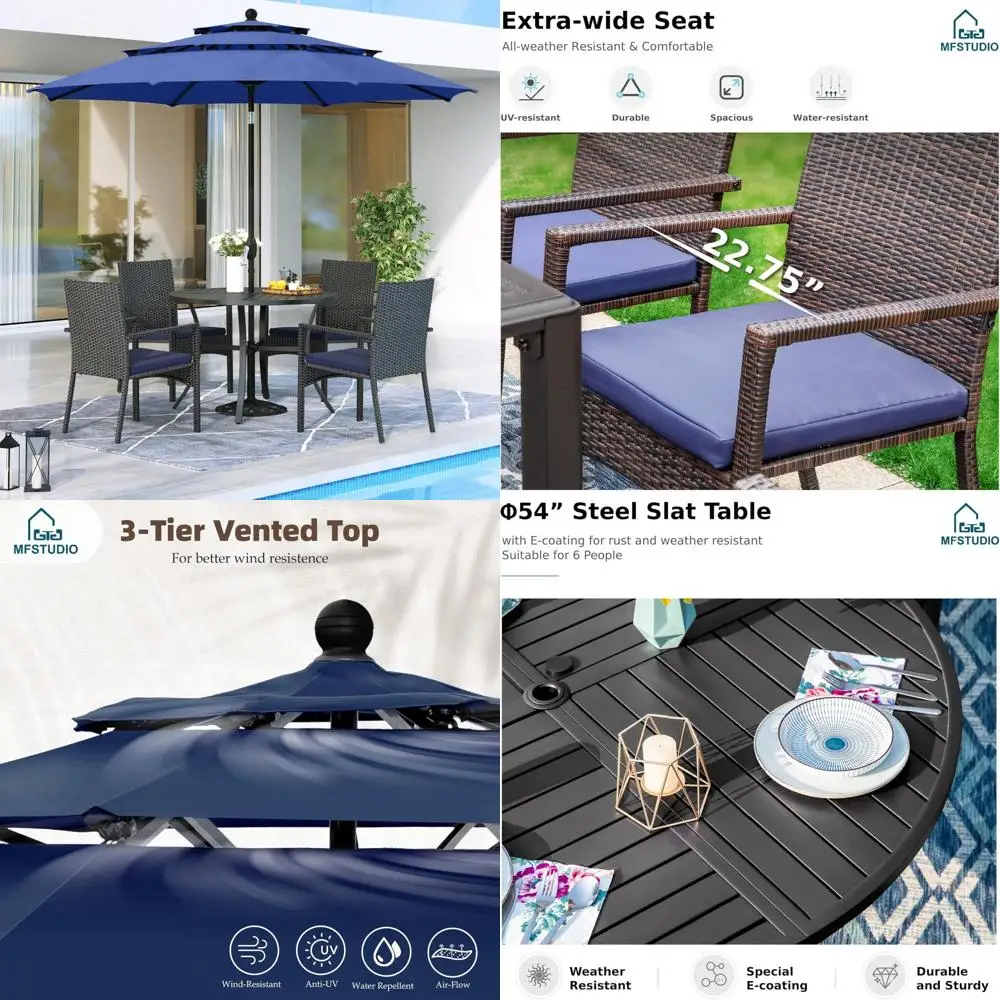 

4-Person Outdoor Dining Set with Round Metal Table, Chairs, and Umbrella