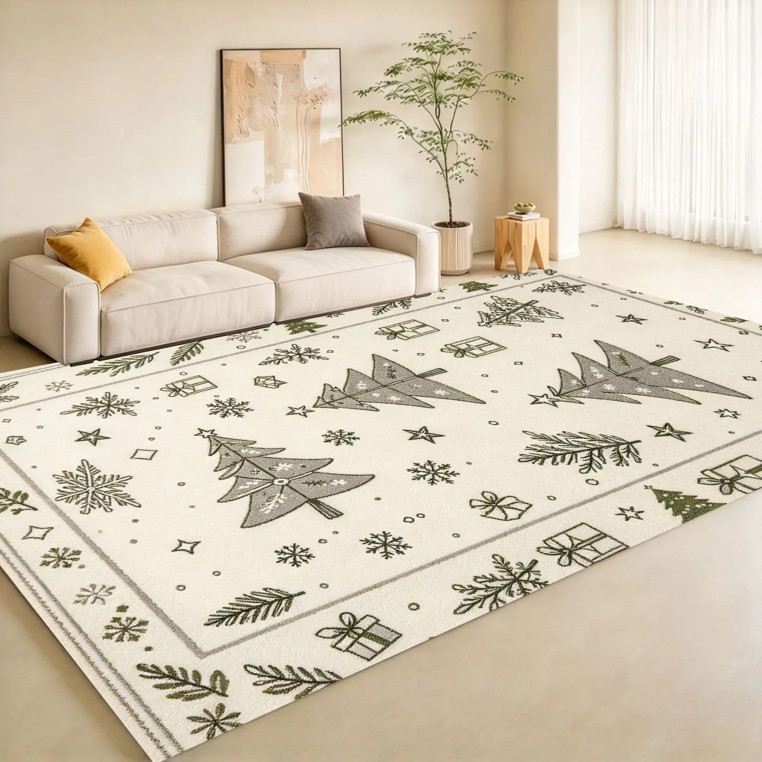 1pc 2D Flat Christmas Tree Snowflake Gift Box Printed Floor Mat, Decorative Rug for Living Room, Bedroom, Home