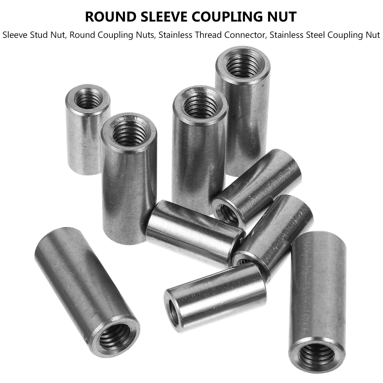 

10 pcs Round Coupling Nuts Stainless Thread Connector Silver 304 Steel Coarse Full Thread Indoor Outdoor Use