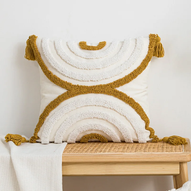 Geometric Embroidered Pillow Case CottonTufted Fringed Cushion Cover 45*45/30*50cm Decorative Home Pillow Cover for Sofa