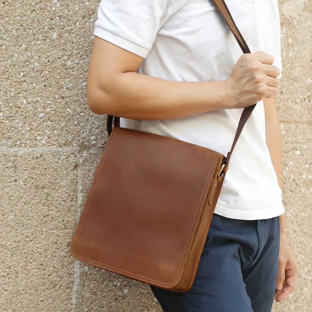 Crazy Horse Leather Crossbody Bag for Boys Large Capacity Flap Leather Versatile Retro Men\'s Bag Single Shoulder Bag