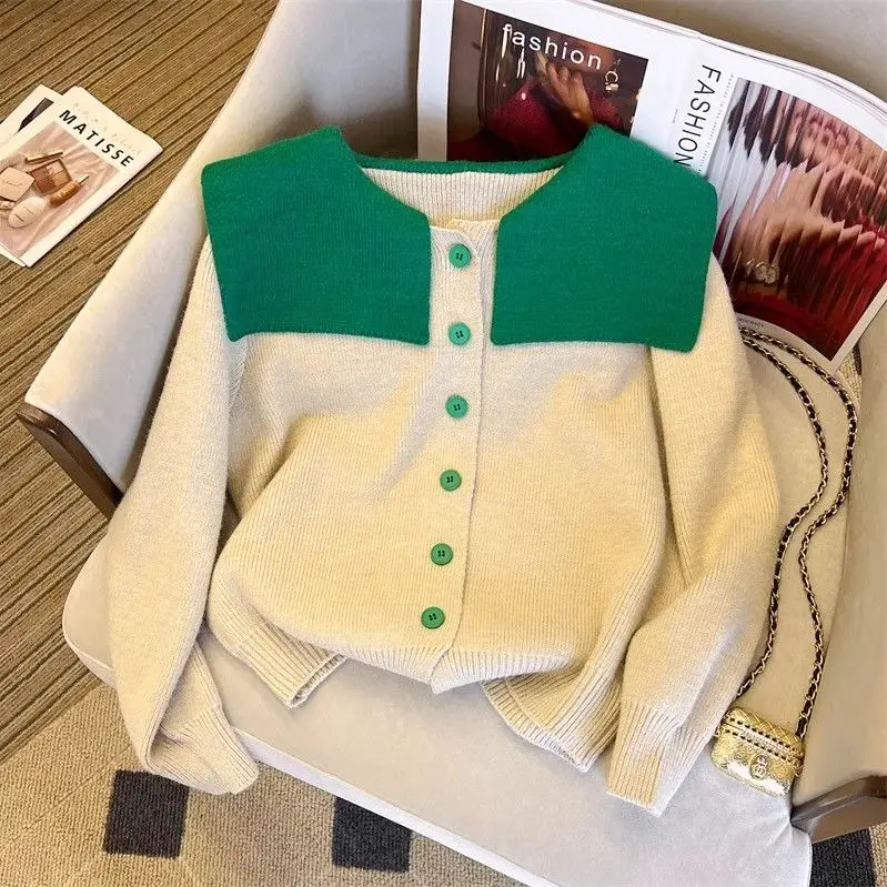 Women Autumn Winter Office Lady Simplicity Patchwork Button Color Blocking Color Blocking Women Clothes Trend Sweater Slim Cardi