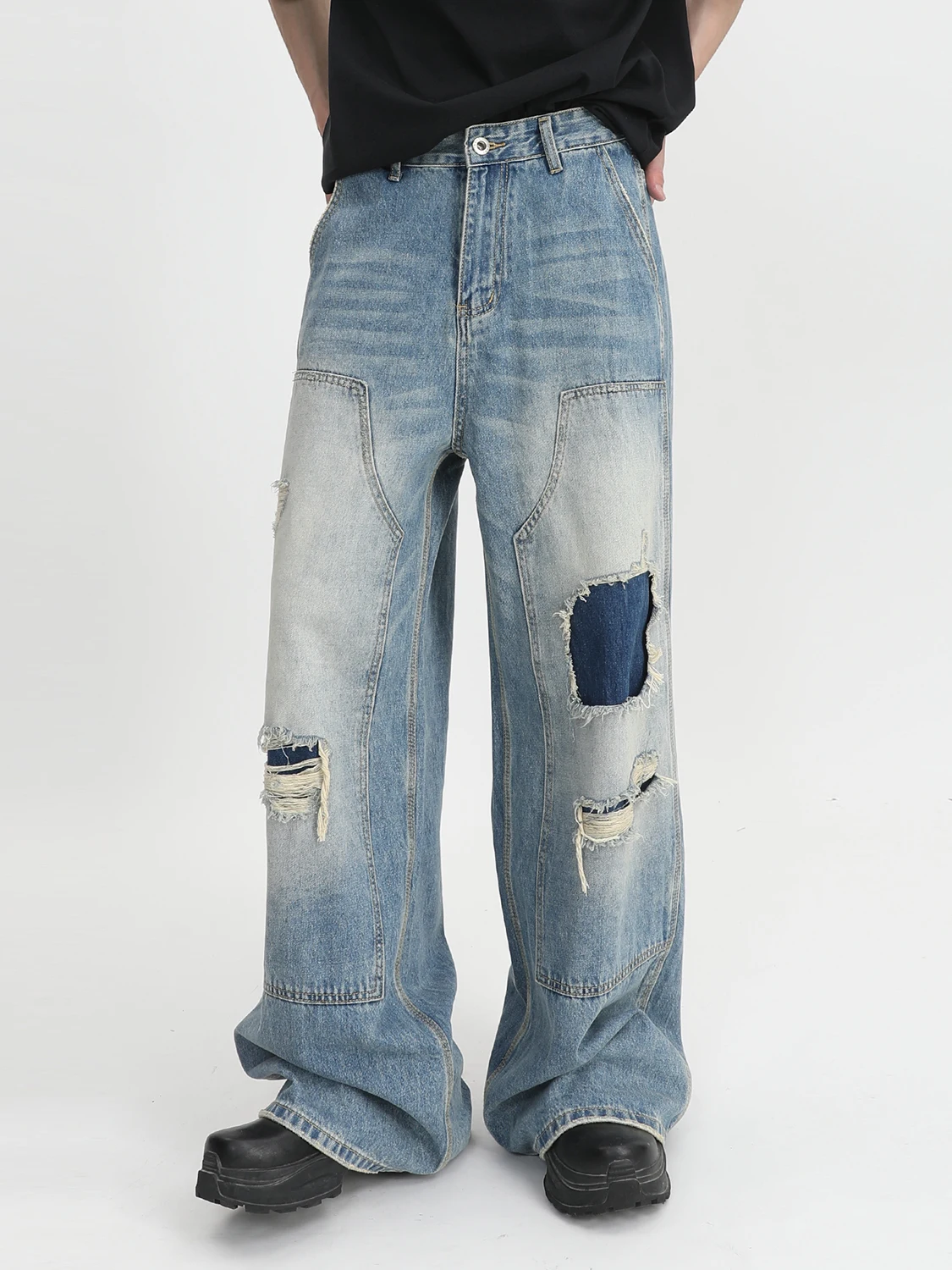 Calças Jeans Voguo Relay B02 de Perna Larga e Reta para Homens e Mulheres, Jeans Unissex com Efeito Desgastado e Patchwork, C...