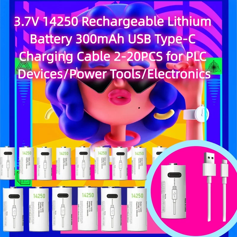 

300mAh 3.7V 14250 Rechargeable Lithium Battery USB Type-C Charging Cable 2-20PCS for PLC Devices/Power Tools/Electronics