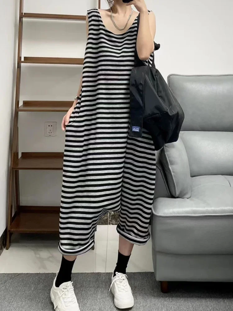 

Striped Jumpsuits Women Retro Summer Ins Korean Fashion Minimalist All-match One Piece Baggy Chic Casual High Street Sleeveless