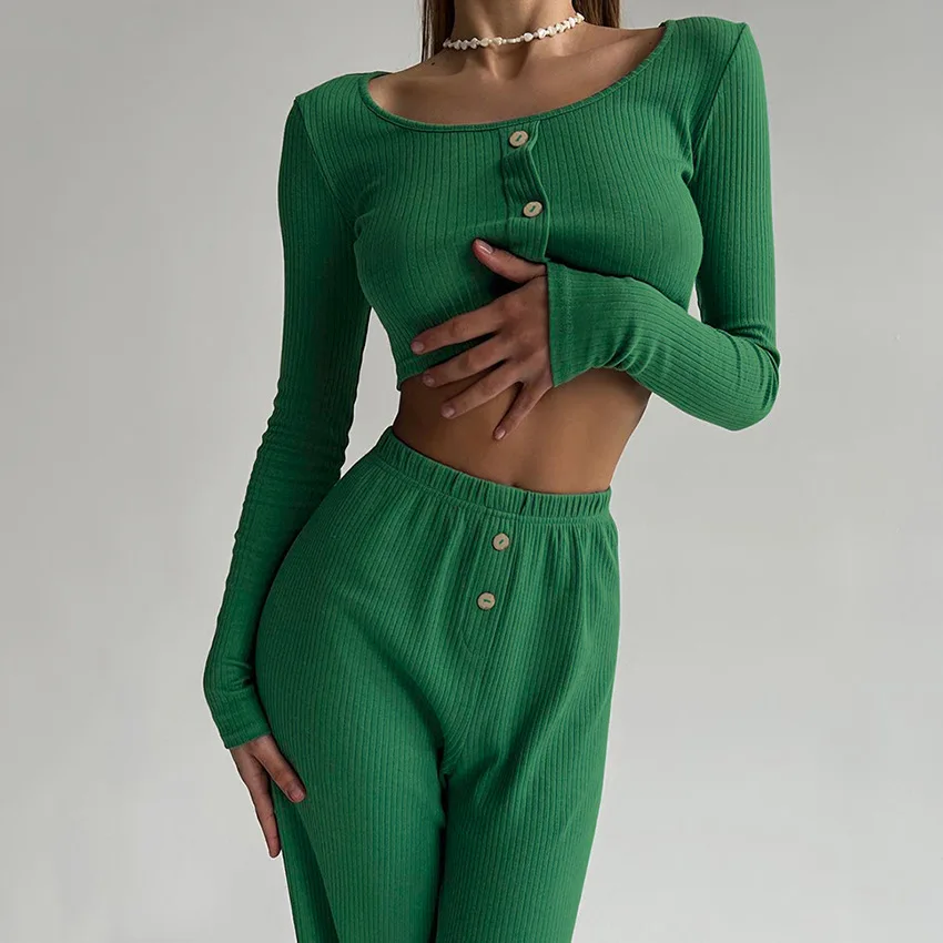 

2023 Pajamas Sets 2-piece Long Sleeve Long Pants Knitted Sexy Fashion Outer Loungewear Set Women Sleepwear Clothes for Women