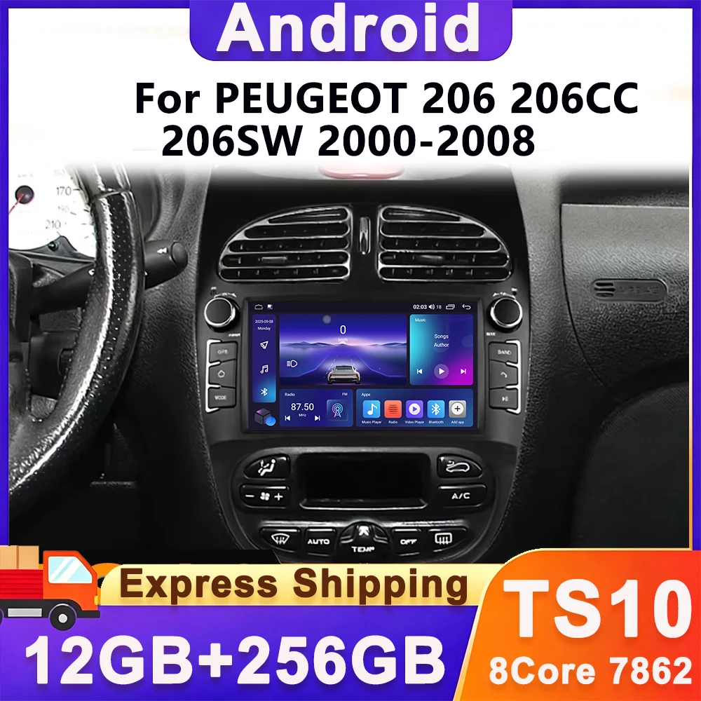 7 Inch Android 16 Carplay For PEUGEOT 206 206CC 206SW 2000-2008