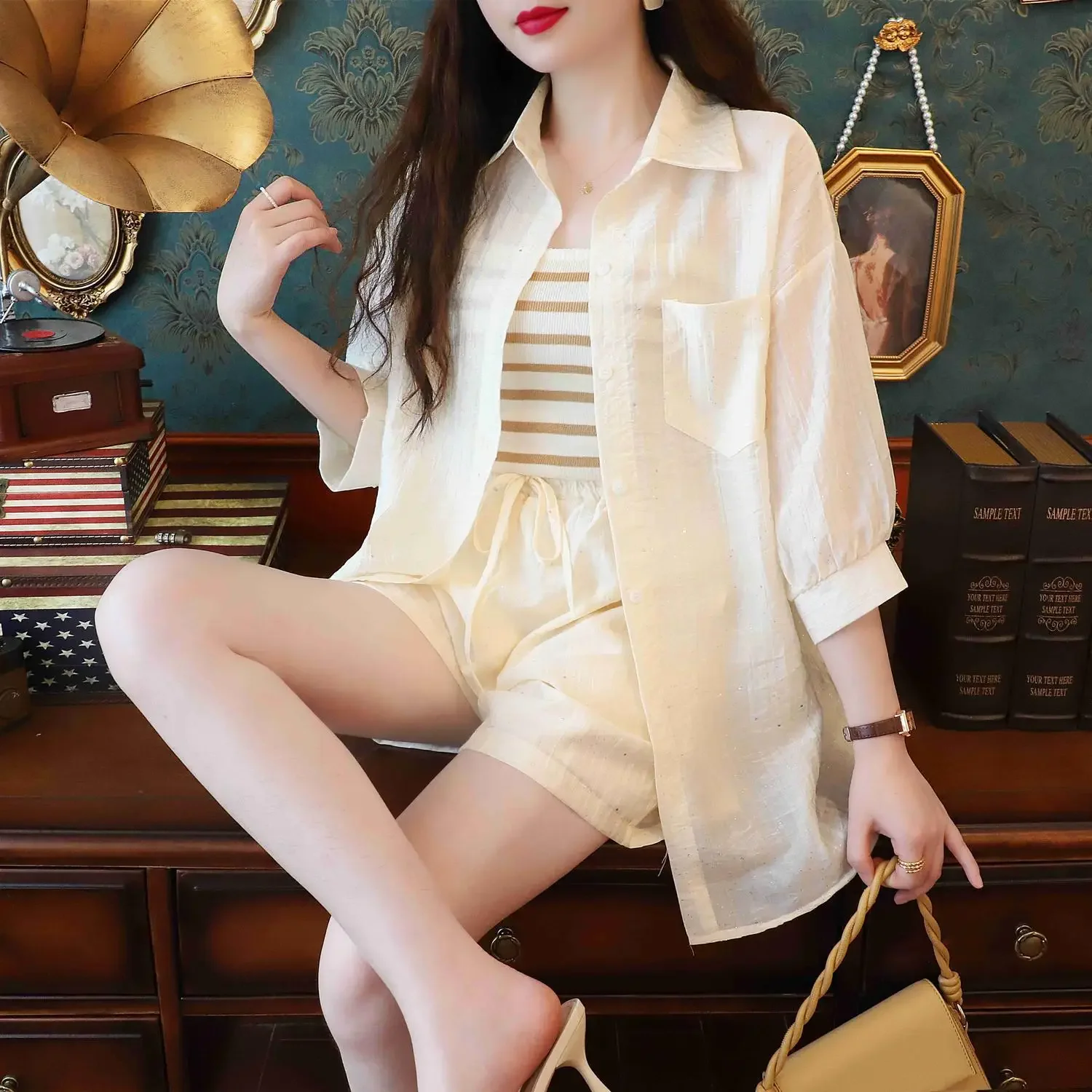 

Women's Short Sets 2 Pieces Cotton Stripes Wide Tank Top Two-piece Novelty In Tailor Fashion Kit Ensembles Trends Female Shorts