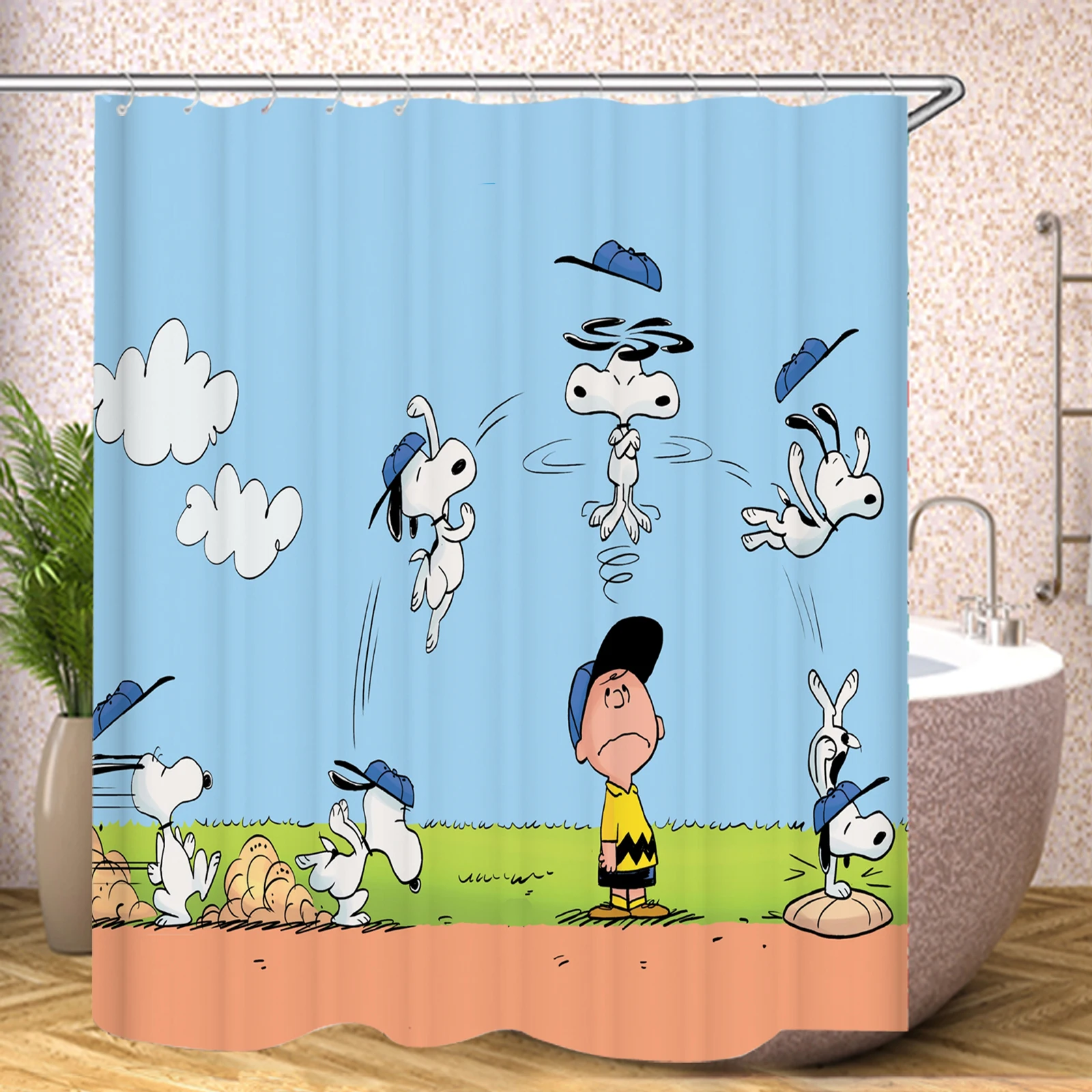 Snoopy Anime Cartoon Shower Curtain and Toilet Sets Cute Shower Funny Accessories Single Piece Bath Screen Full Set