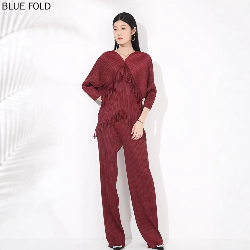 miyake-ensemble-a-la-mode-haut-de-gamme-sens-gland-epissage-col-en-v-manches-chauve-souris-taille-haute-pantalon-droit-ensemble-deux-pieces