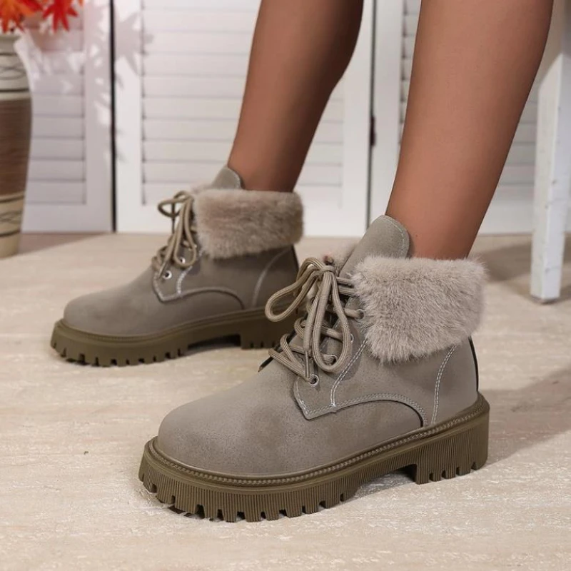 

2025: толстые плюшевые зимние ботинки, женские нескользящие зимние ботинки из искусственной замши, женская теплая обувь с хлопковой подкладкой, ботильоны на платформе