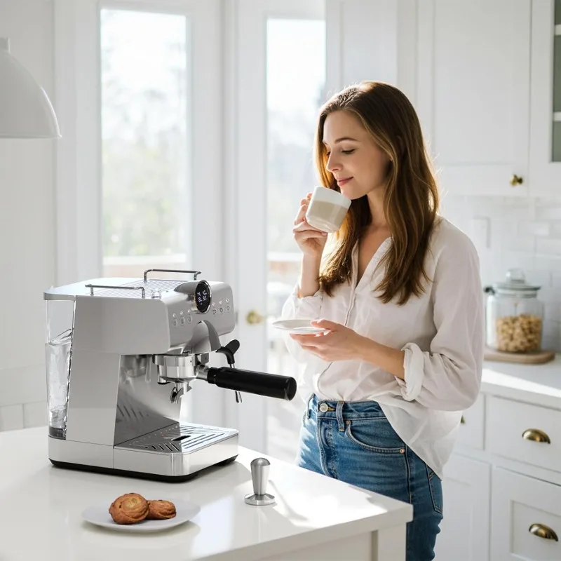 ماكينة اسبريسو كيسميل مع مشروب بارد، ماكينة اسبريسو مع عصا بخار رغوة الحليب لللاتيه والكابتشينو، مع شاشة LED