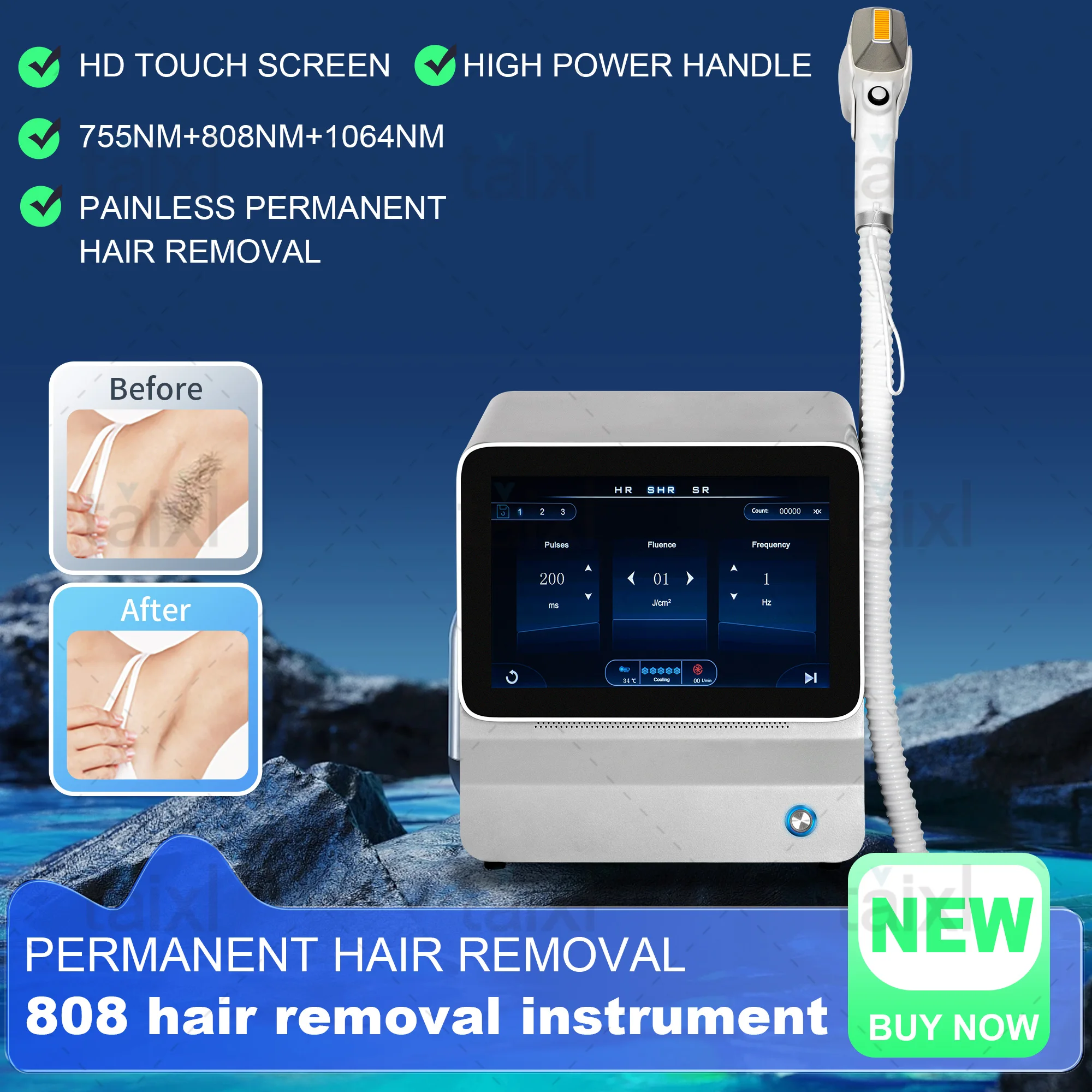 

808 Hair Removal Device 3 Wavelengths 755 808 1064nm High Power Cooling Handle 4000W Full Body Painless Permanent Hair Removal
