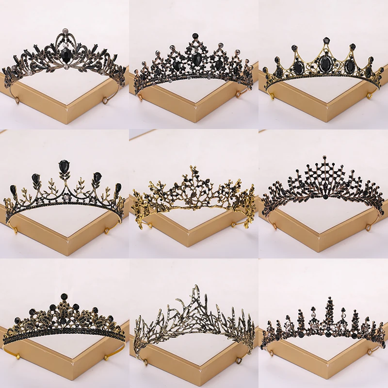 Baroque Vintage Black Tiara And Crowns Crystal Rhinestone Wedding Hair Accessories Queen Princess Crown More Design Head Jewelry