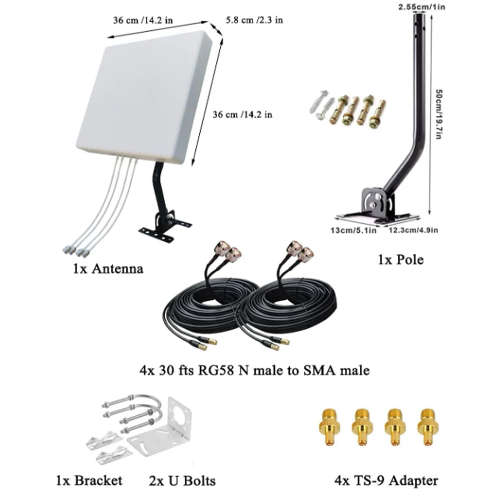 MIMO 4x4 Panel External Antennas Kit for 4G LTE/5G Hotspots,T-Mobile,Verizon,AT&T,N71,600-6000MHz,10meters Cable,TS9,SMA,J-Mount