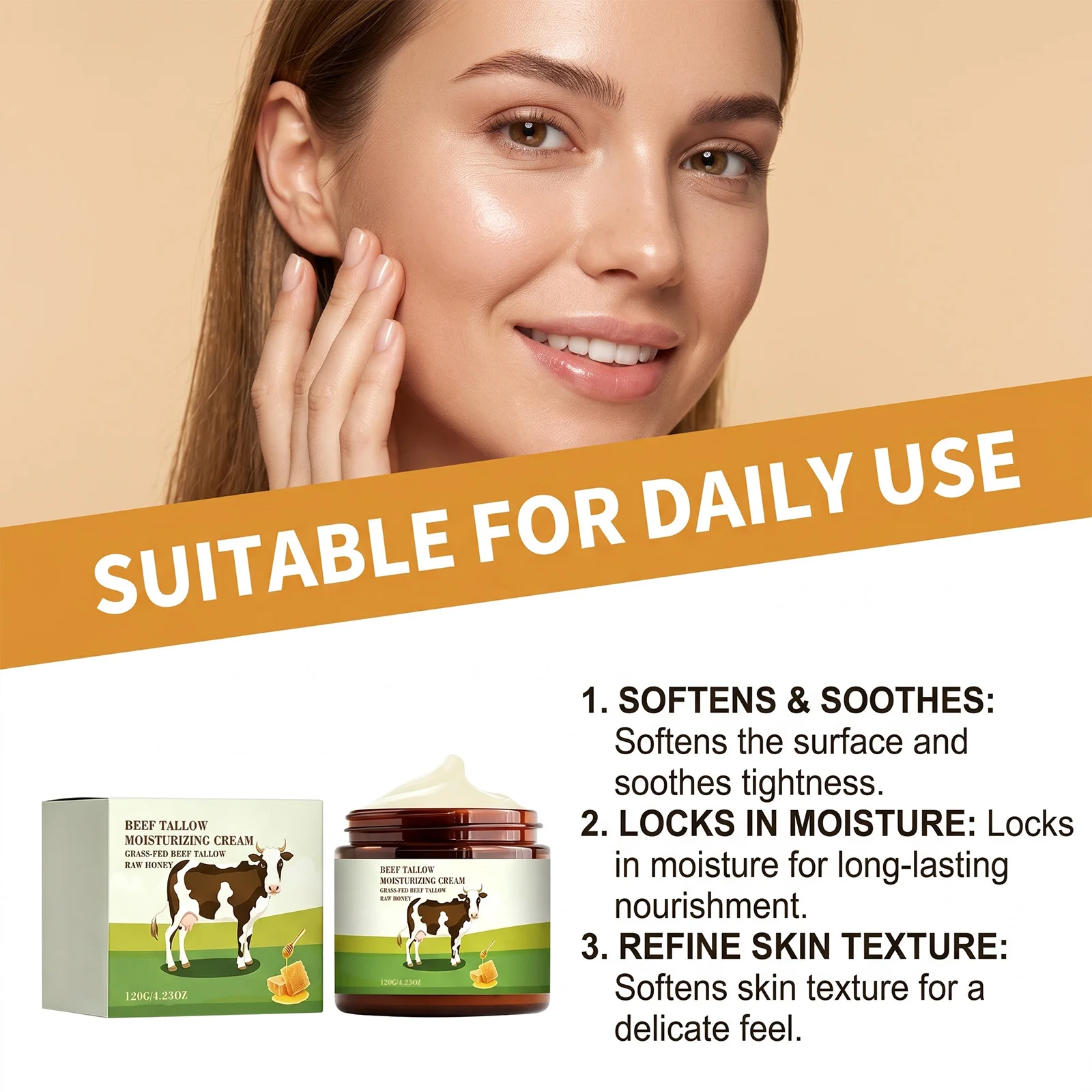 Beef Tallow Honey Cream Intensive Moisture Lock Barrier Protection Face Body Cream Improve Elasticity Soft Skin