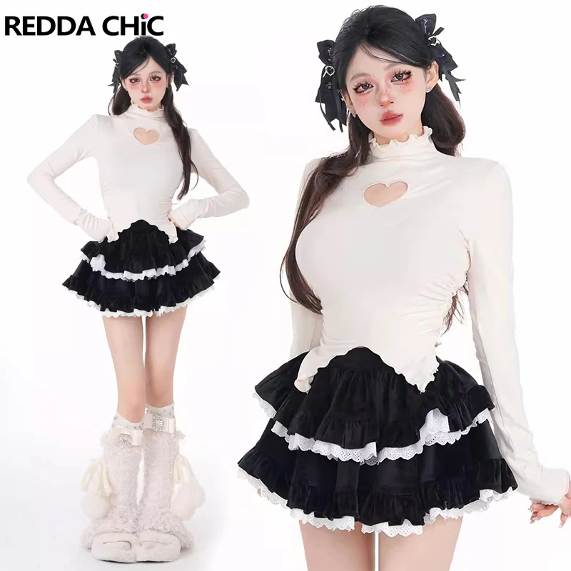 

Женская мини-юбка с оборками в несколько рядов REDDACHiC Lolita, двухцветная кружевная обрезанная юбка с эластичным поясом, Готическая винтажная одежда