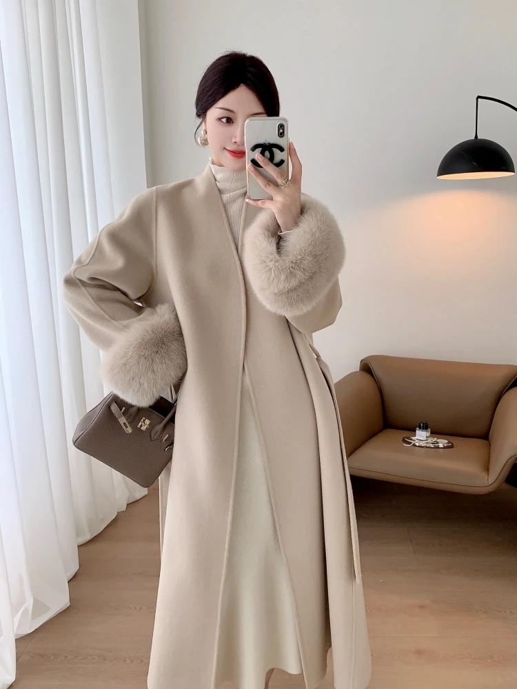 Autumn and Winter New Cuff Fox Fur Fur Long Hepburn Style Double-Faced Woolen Goods Cashmere Overcoat Coat Fashion Show