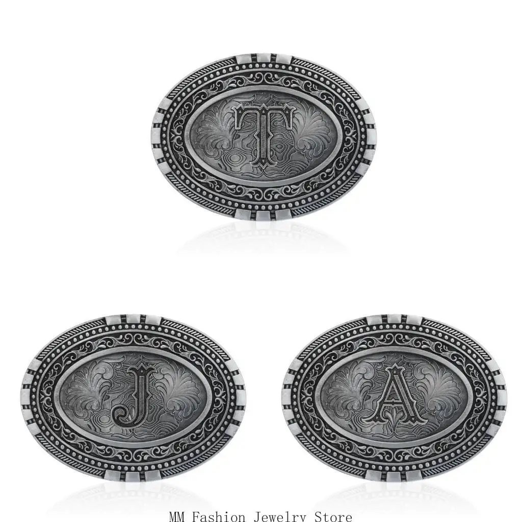 Oval Engraved Initial Belt Buckle, Western Silver Tone Metal Accent for Jeans, Stage Outfits and Costume Styling D0UB