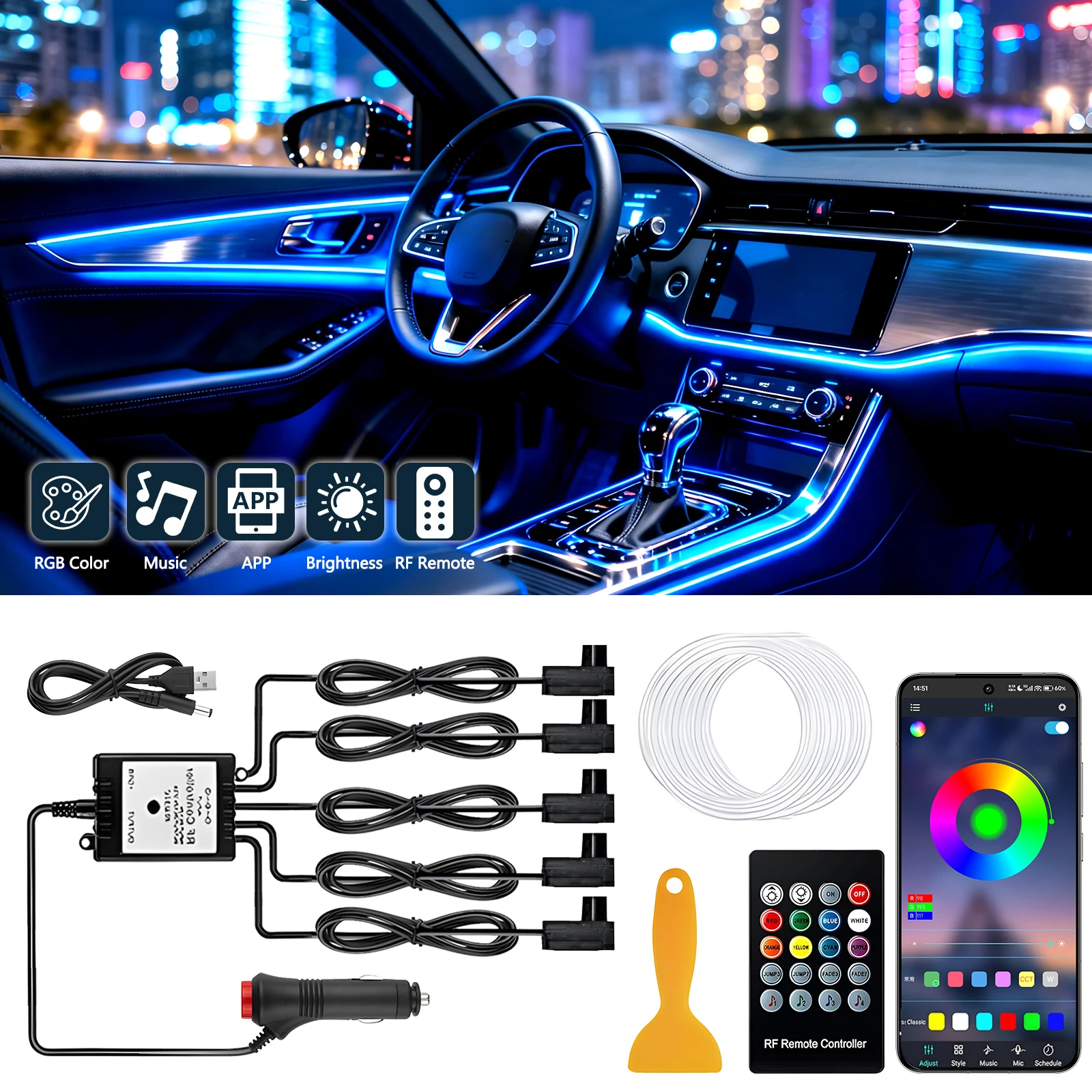LED Auto-Innenraum Ambientebeleuchtung RGB Glasfaser Atmosphärenbeleuchtungs-Set App-Fernbedienung Neon LED Auto-Dekorationslampe