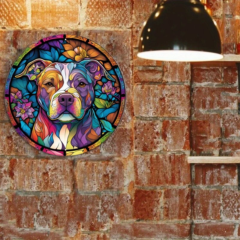 Aluminum Metal Sign Pit Bull, Stained Glass Look Sign, Metal Wreath, Wall Art, Home Decor, 8x8Inch, 1Pc