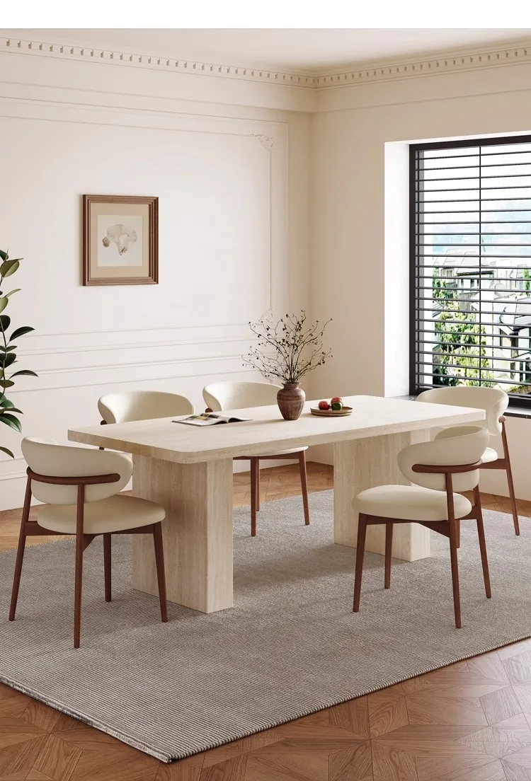 

Mid-Century Travertine Dining Set: Wabi-Sabi Rectangular Table & Chairs, Customizable French Luxury for Small Spaces​​