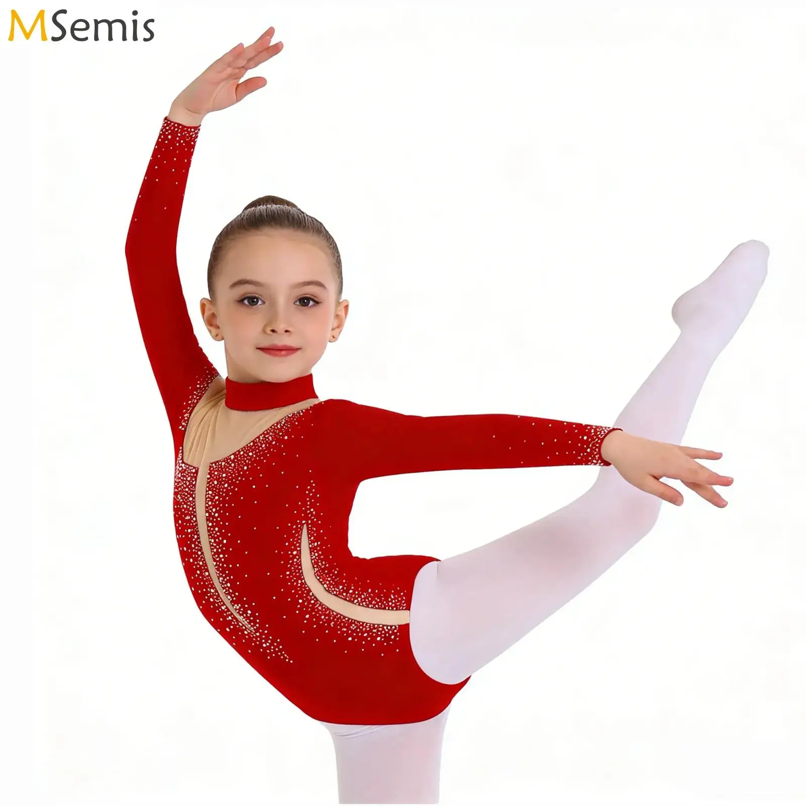 Kids Girls Rhinestone Performance Ballet Jersey Jumpsuit Mesh Patchwork Sheer Mesh Leotard Bodysuit Lyrical Gymnastics Costume