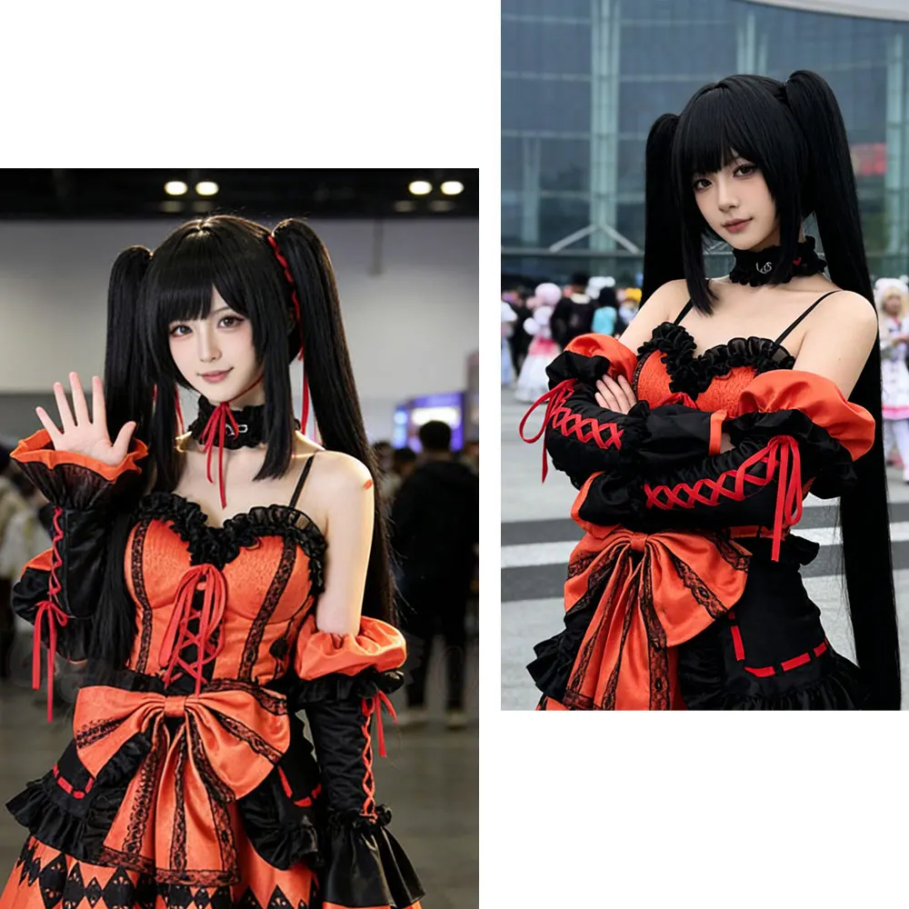 Date A Live Tokisaki Kurumi Cosplay Wig HSIU 90cm Black Long Hair Heat Resistant Synthetic Hair Anime Game Cosplay Wig