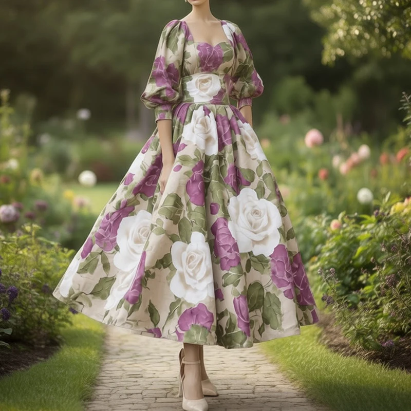 

Элегантное вечернее платье с пышными рукавами и плиссированной юбкой на высокой талии, приталенное, во французском стиле, с цветочным принтом, для банкетов и вечеринок