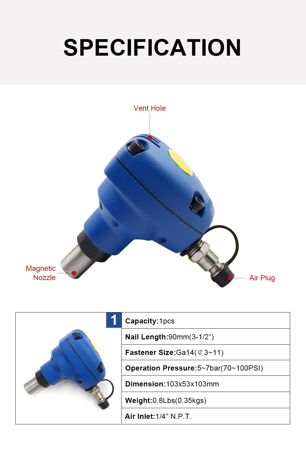 MINI Druckluft-Nagler für Stahlnägel, 90MM Pneumatischer Nagelhammer, Ergonomisches Spezialwerkzeug für Holzarbeiten – Detail 2