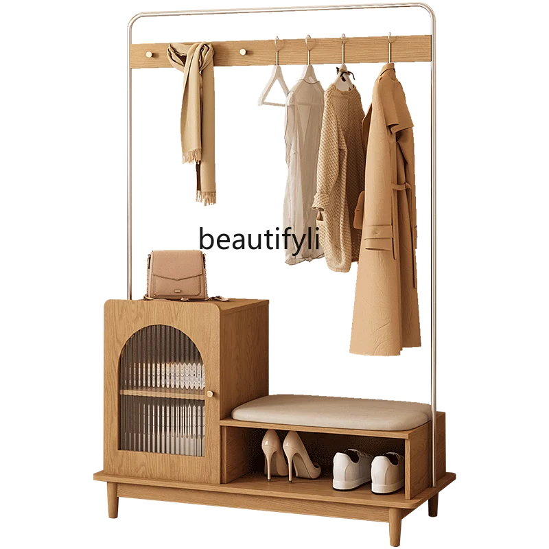 zq Wood Coat and Hat Rack Floor Bedroom and Household Shoe Changing Stool Clothes Rack Storage Integrated Clothes Hanger