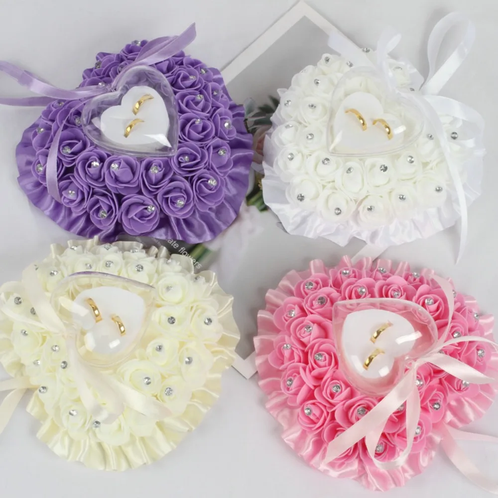 Romantische Hochzeit Elfenbein Satin Kristall Ringträger Kissen Kissen Ring Kissen Herzform für Verlobung Vorschlagen Ehe Dekor – Detail 3