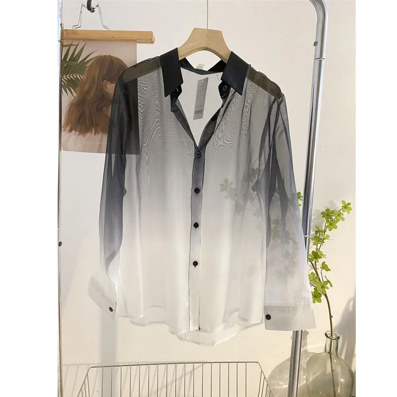 Lazy Style Perspective Loose Fashion Shirt Tops Summer Polo Neck Long Sleeve Gradient Trend Blouse Korean Casual Women Clothing
