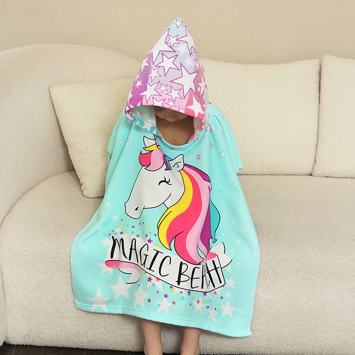 80-130cm Kids Hooded Bath Beach Poncho Towels Baby Quick Dry Bathrobe Child Cartoon Poncho Towels Microfiber Swim Cover-ups