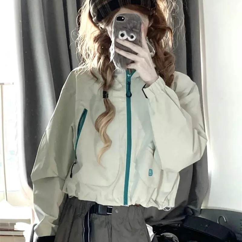 

2025 Female Fashion Zipper Workwear Tops Coat Spring Autumn Women Leisure Short Outwear Korean Ladies Hooded StormtrooperJacket