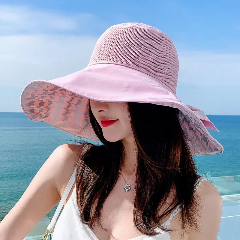 Hat Female Summer Sun-Proof Bucket Hat Houndstooth Big Brim Face Small UV Protection Sun Hat Tide