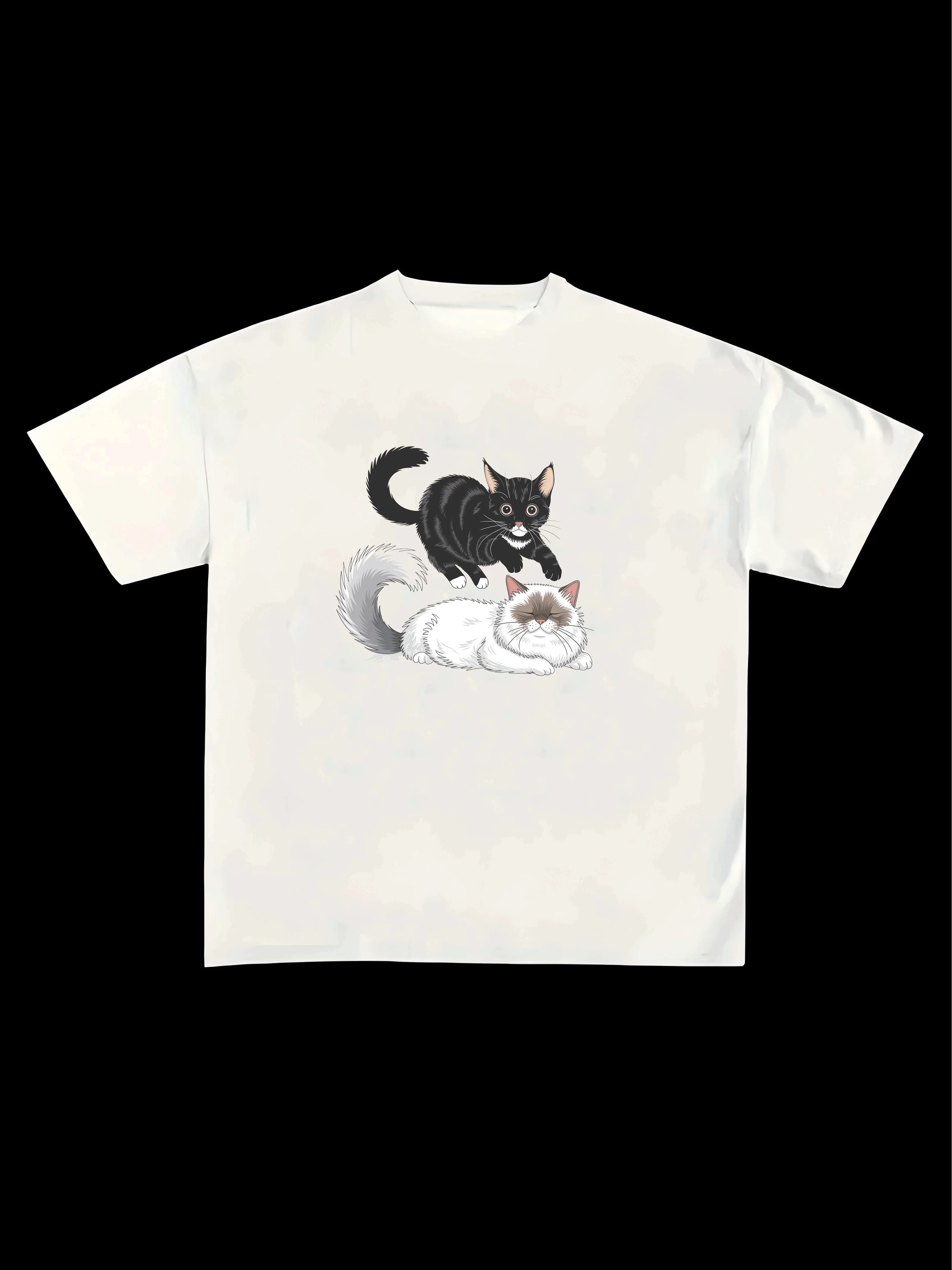 A Black Tabby Cat Jumps Over A White Ragdoll Cat. The Ragdoll Cat Lies On The Ground. 100% Cotton Women's Short-sleeved Round Ne