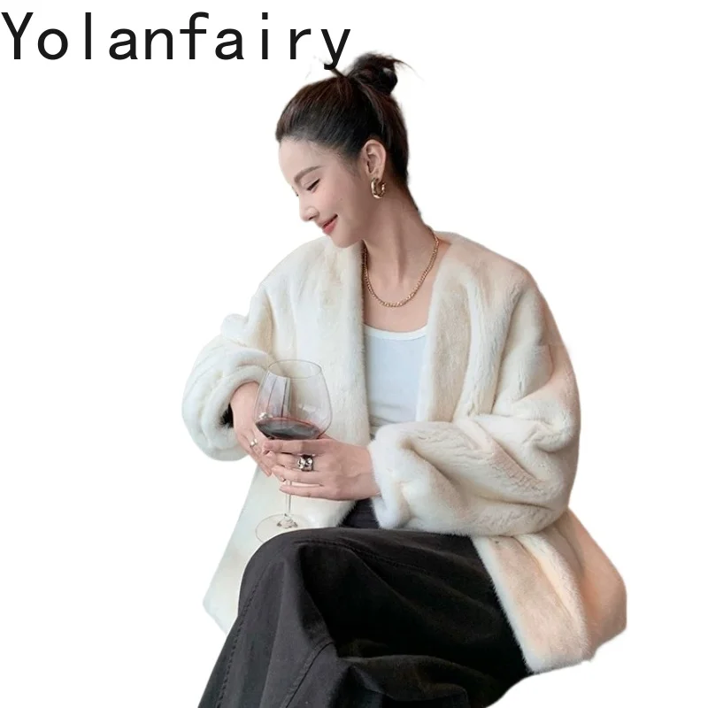 YOLANFAIRY Luxury 100% Real Fur Coat Woman Winter V-neck Elegant Velvet Whole Mink Natural Fur Jacket Simple Fashion Outerwear
