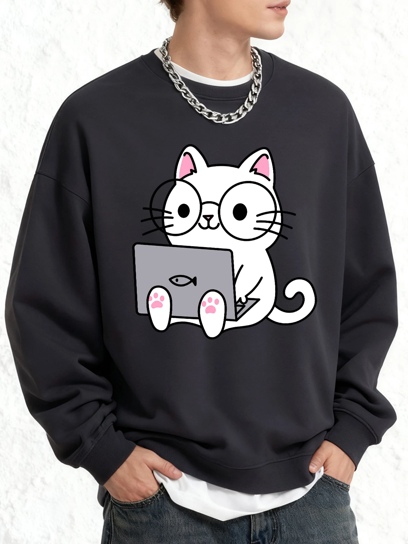 Arbeits Computer Katze Druck Mann Lose Sweatshirt Hip Hop Alle-Spiel Sportswear Casual Oversize Top Unisex Mode Oansatz kleidung