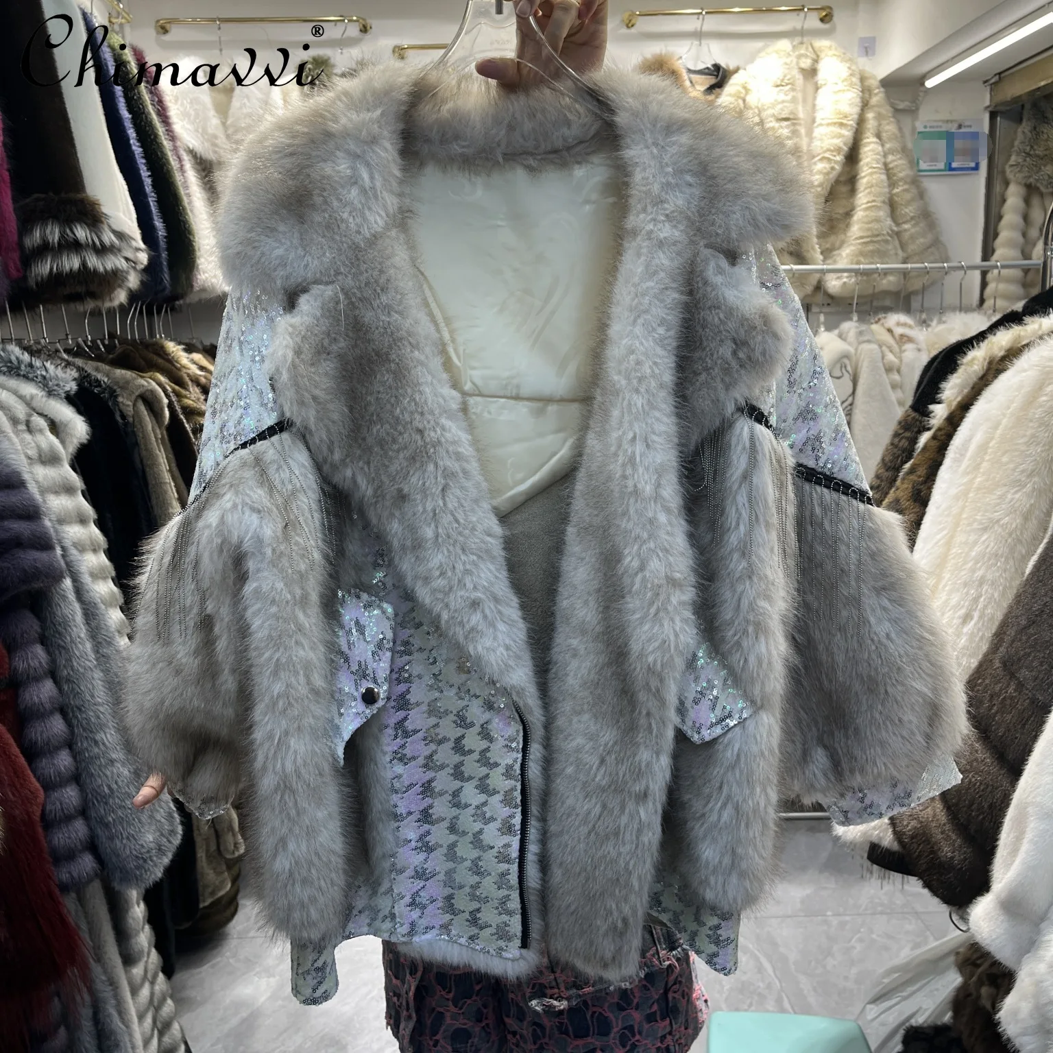 

2025 зимняя новая тяжелая модная экологически чистая дубленка из лисьего меха, женские теплые куртки из искусственного меха с длинными рукавами в европейском стиле