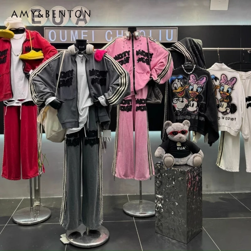 

European Style Autumn New Popular Heavy Embroidery Letter Loose Hoodie Sweatshirts And Casual Pants Two-Piece Set Outfits Ladies