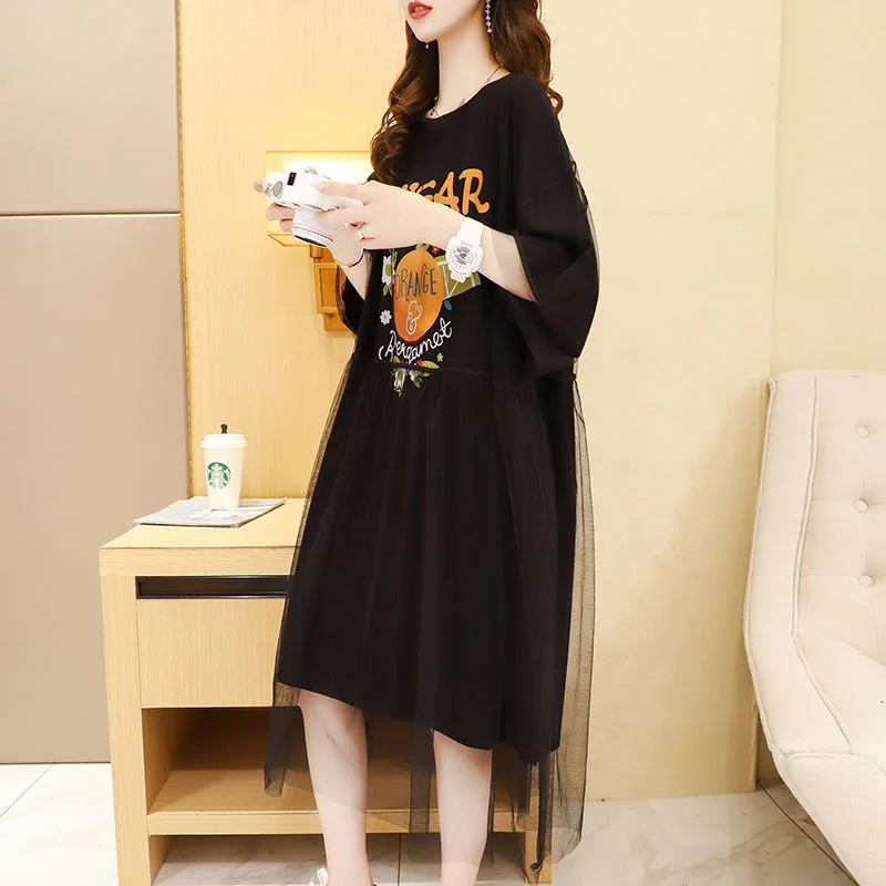 Mesh Splicing Fake Tweedelige T-shirt Rok Zomer Nieuwe Dames Halflange Losse Jurk Ins