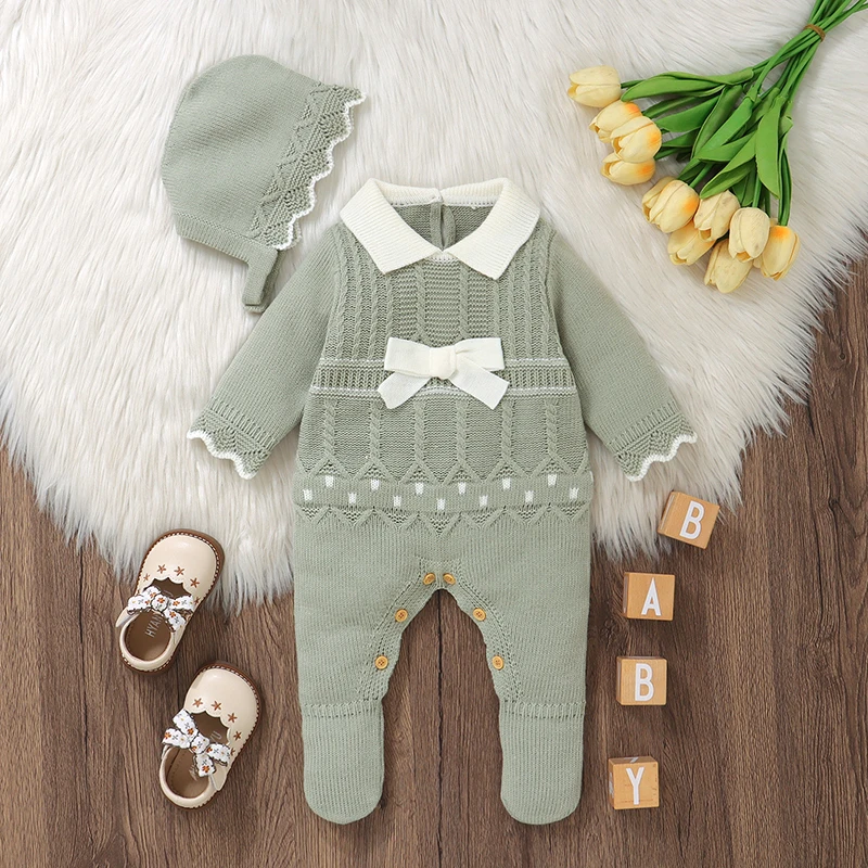 Newborn Baby Romper Hat Sets Knit Toddler Clothes 2PC Overalls 0-9M Playsuit Warm Fall Infant Boy Jumpsuit Long Sleeve Cute Bow