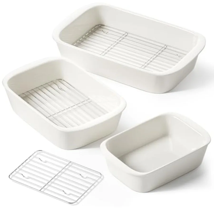 

Deep Casserole Dishes for Oven 13.7"x9.6" Ceramic Baking Dish Set with Roasting Racks Large Lasagna Pans with Handles Rectangul