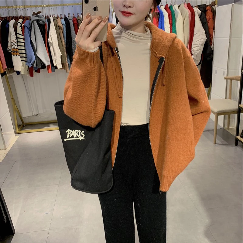 Ladies' Hooded Knitted Zipper Loose Fit Sweatirt Outerwear Pure Color Korean Sle Casual Autumn Faion Slimming Cardigan